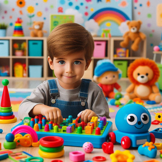 A kid playing with his educational toys