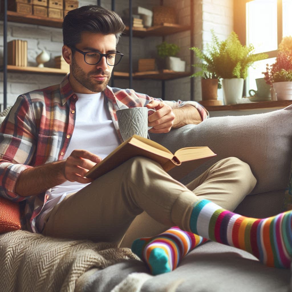 A man wearing a colorful and stylish pair of socks