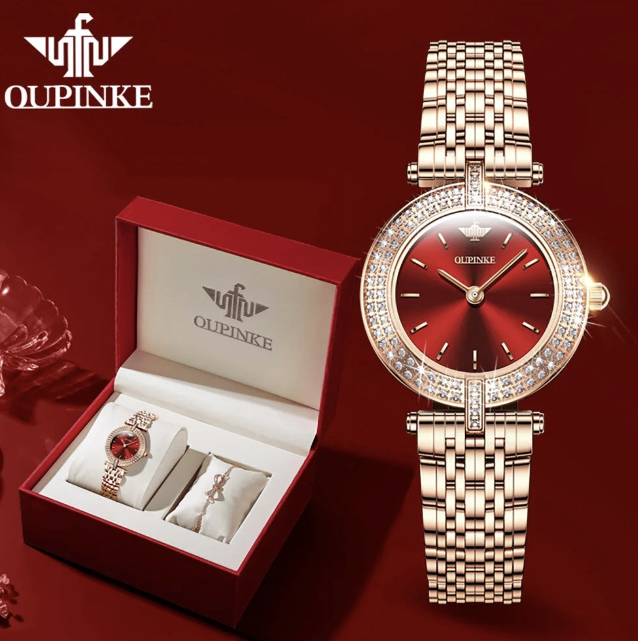 An elegant watch and bracelet in a gift box.