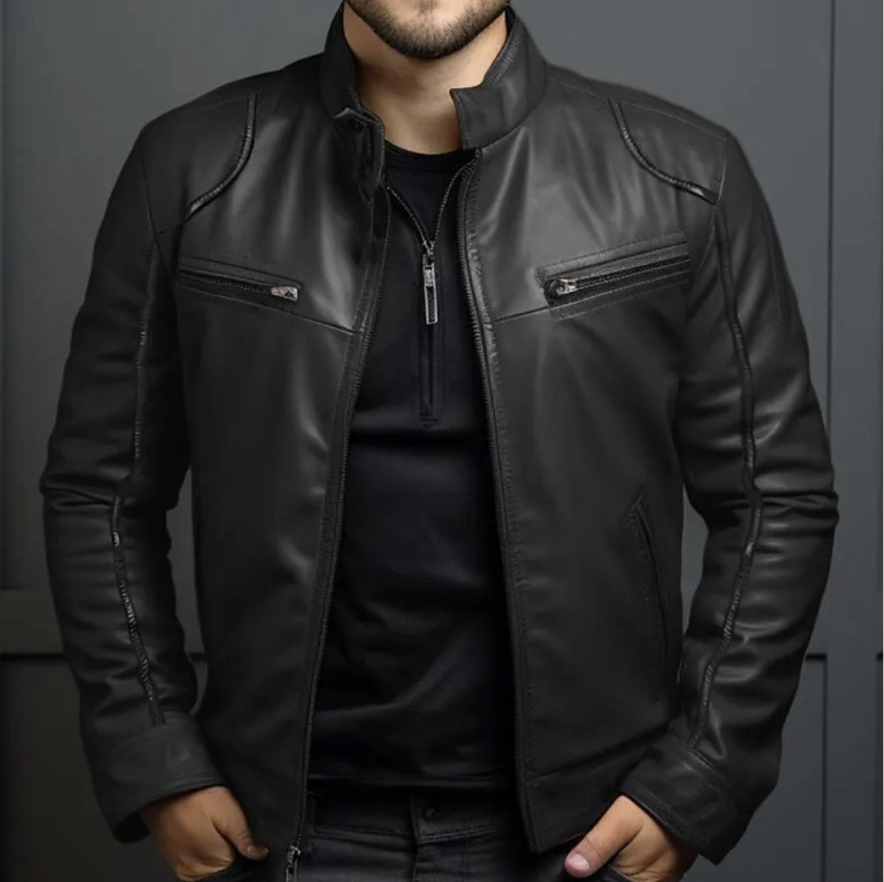 A man wearing an elegant leather jacket