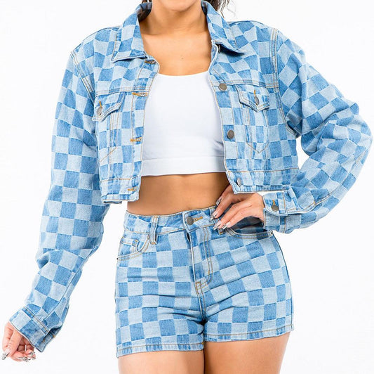 American Bazi Checkered Long Sleeve Cropped Denim Jacket