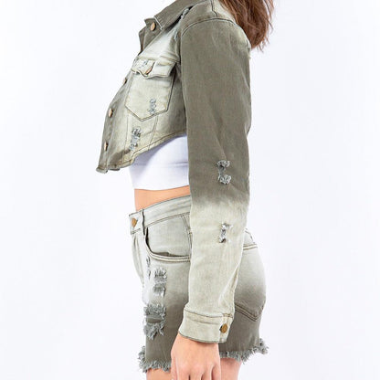 American Bazi Distressed Ombre Washed Cropped Denim Jacket