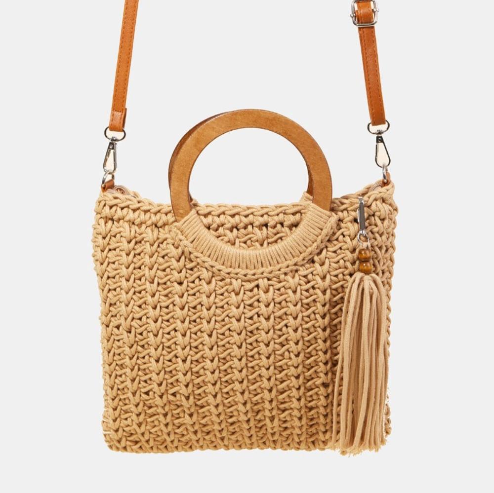 Fame Crochet Knit Convertible Tote Bag with Tassel