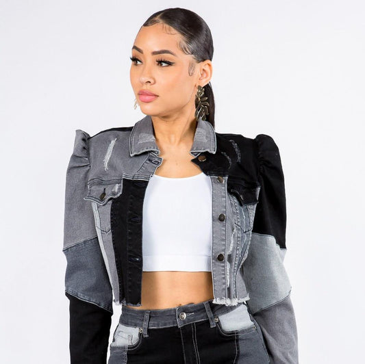 Cropped Patchwork Denim Jacket with Puff Shoulders