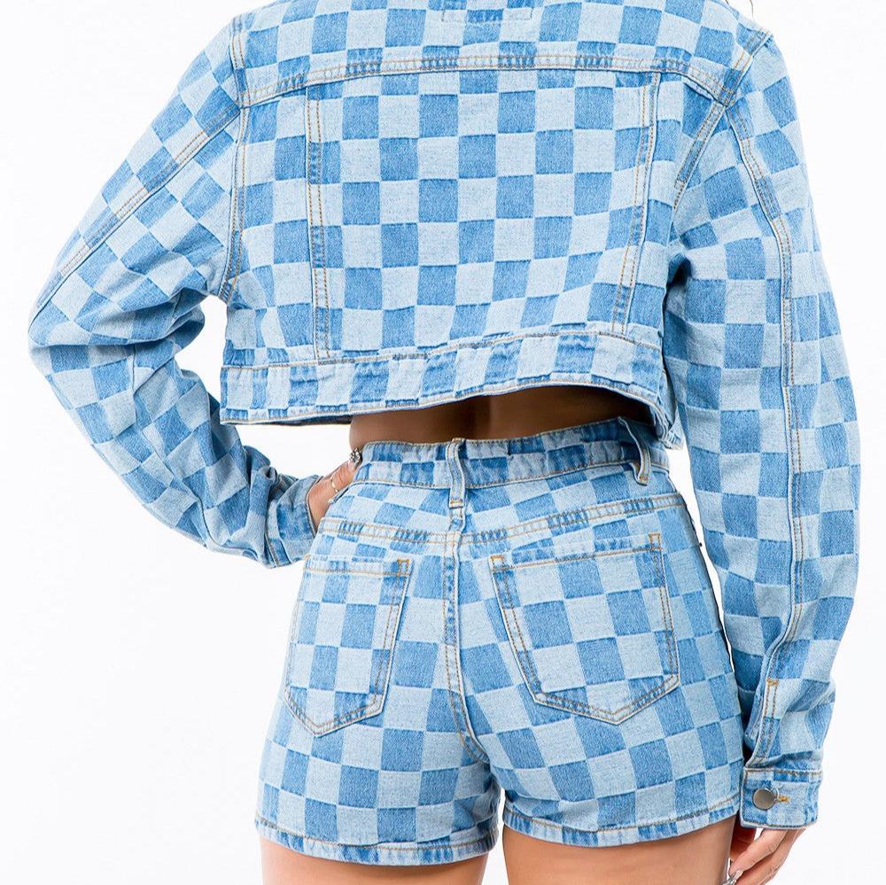 American Bazi Checkered Long Sleeve Cropped Denim Jacket