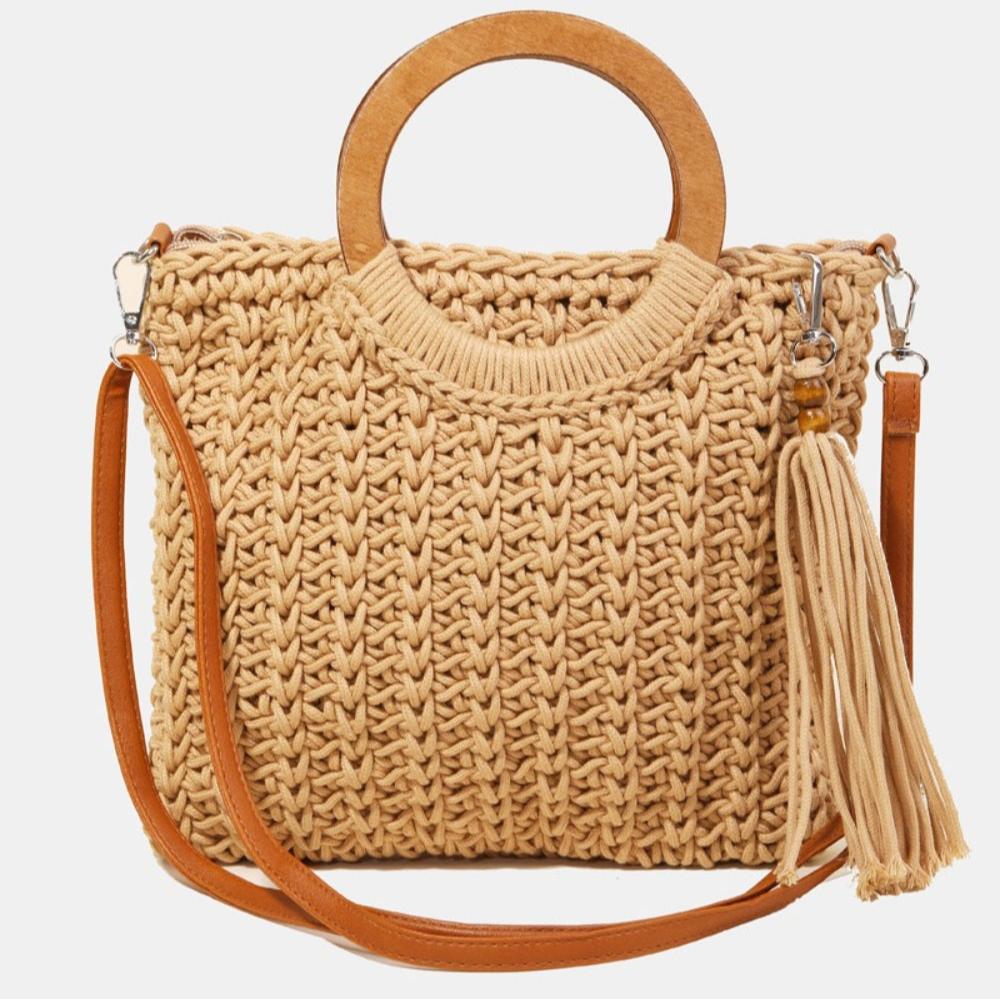 Fame Crochet Knit Convertible Tote Bag with Tassel