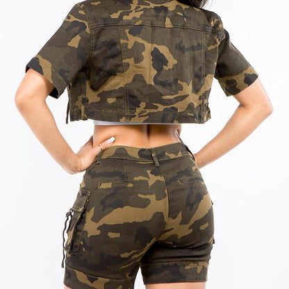 American Bazi Full Size Camouflage Short Sleeve Cropped Jacket