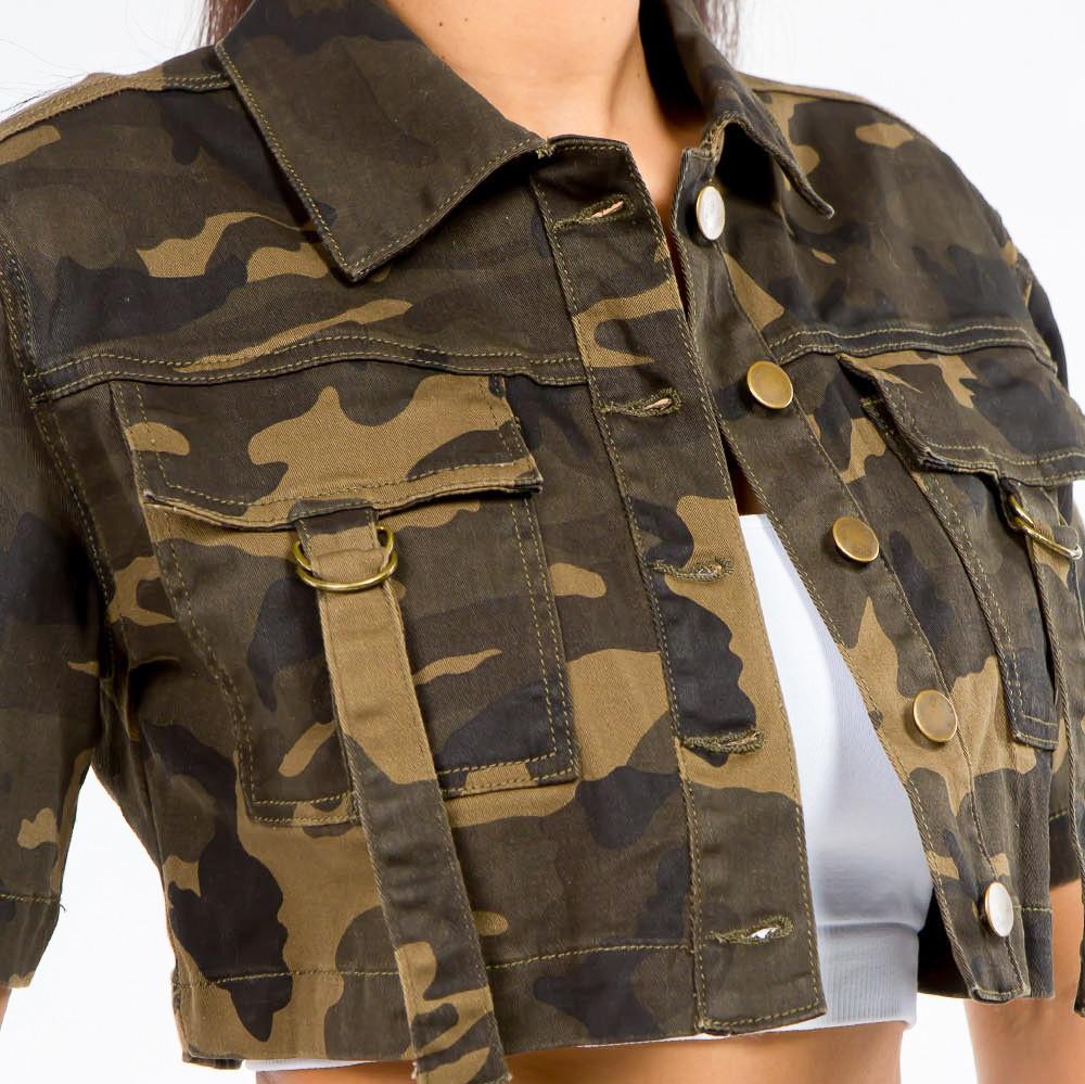 American Bazi Full Size Camouflage Short Sleeve Cropped Jacket