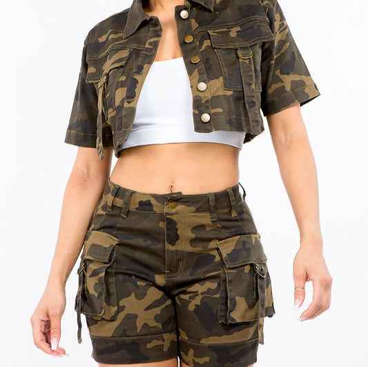 American Bazi Full Size Camouflage Short Sleeve Cropped Jacket