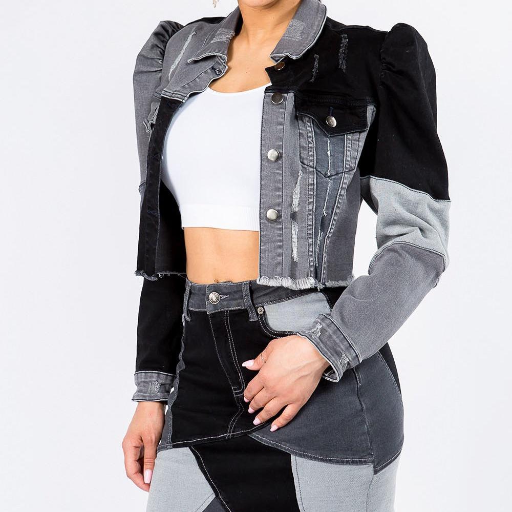 Cropped Patchwork Denim Jacket with Puff Shoulders