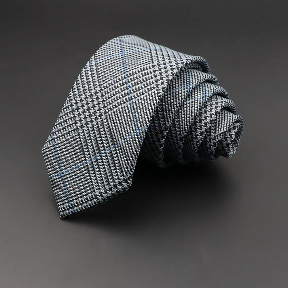 Men's 6cm Classic Cotton Handmade Skinny Grey Plaid Necktie