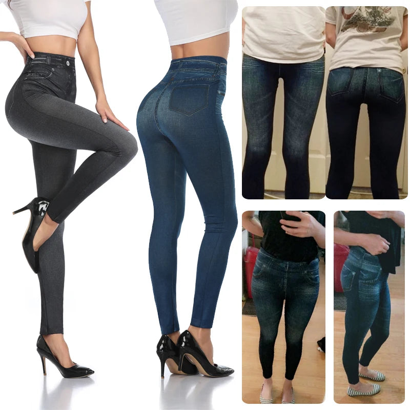 High Waist Faux Denim Leggings for Women | Push Up Seamless Skinny Pants