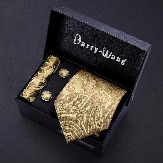 Gold Paisley Silk Tie & Pocket Square Gift Box Set