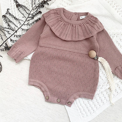 Baby Girls Knitted Romper with Ruffles | Autumn Infant Jumpsuit