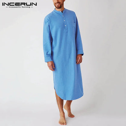 Cotton Men's Sleep Robes - Long Sleeve Solid Color Nightgown