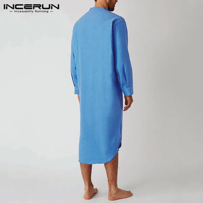 Cotton Men's Sleep Robes - Long Sleeve Solid Color Nightgown