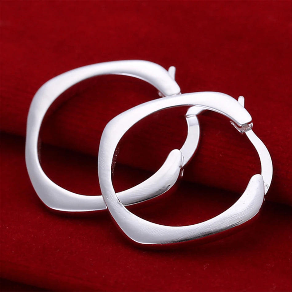 925 Sterling Silver Flat Square Round 20mm Hoop Earrings