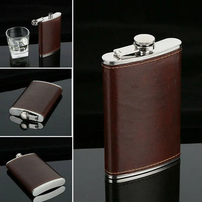 Luxury Brown Leather Pocket Hip Flask - 5-10 oz Stainless Steel Whiskey Flask Gift