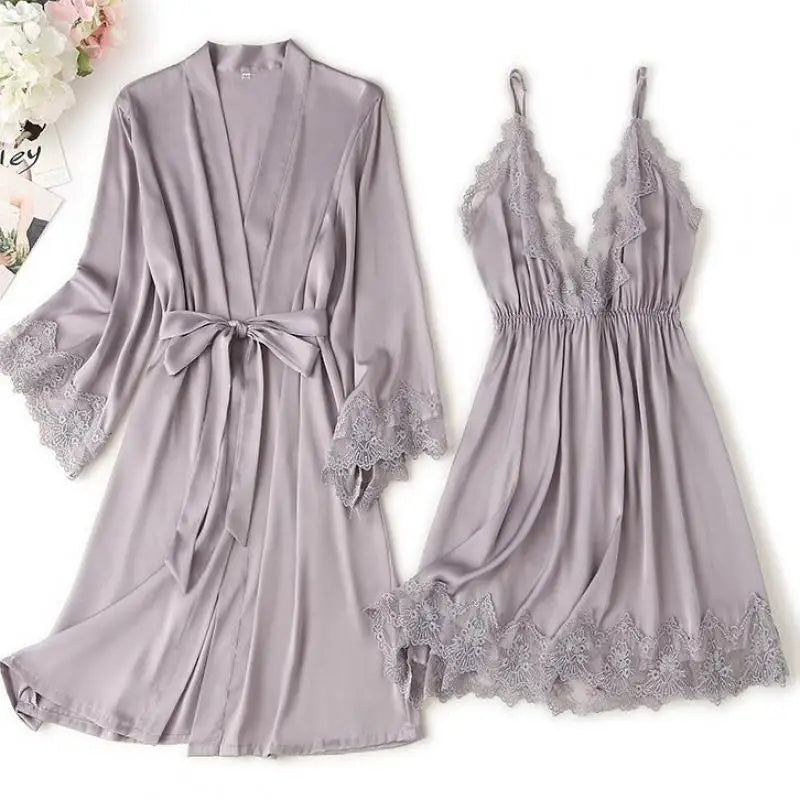 Lace Trim Satin Robe for Women