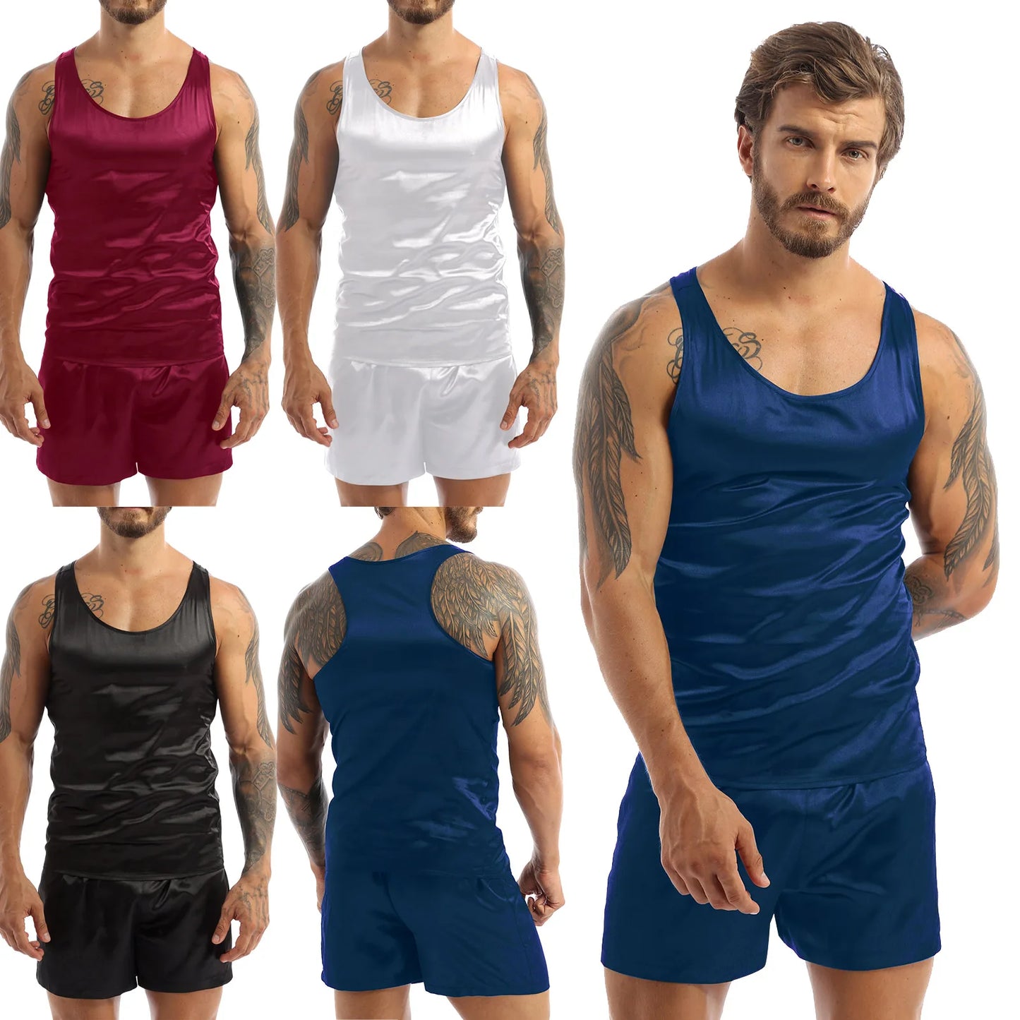 Men's Summer Satin Pajamas - Sleeveless Tank & Shorts Set