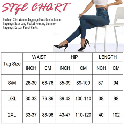 High Waist Faux Denim Leggings for Women | Push Up Seamless Skinny Pants