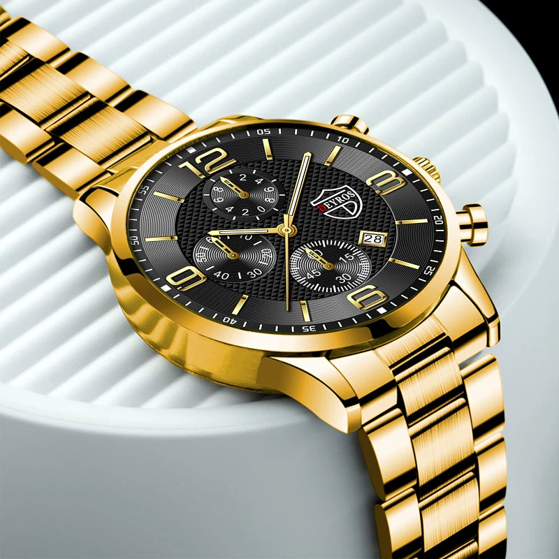 Luxury Gold Stainless Steel Watch for Men with Luminous Features