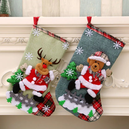 Christmas Stockings Ornaments - Linen Santa, Snowman, Deer, Bear Boots