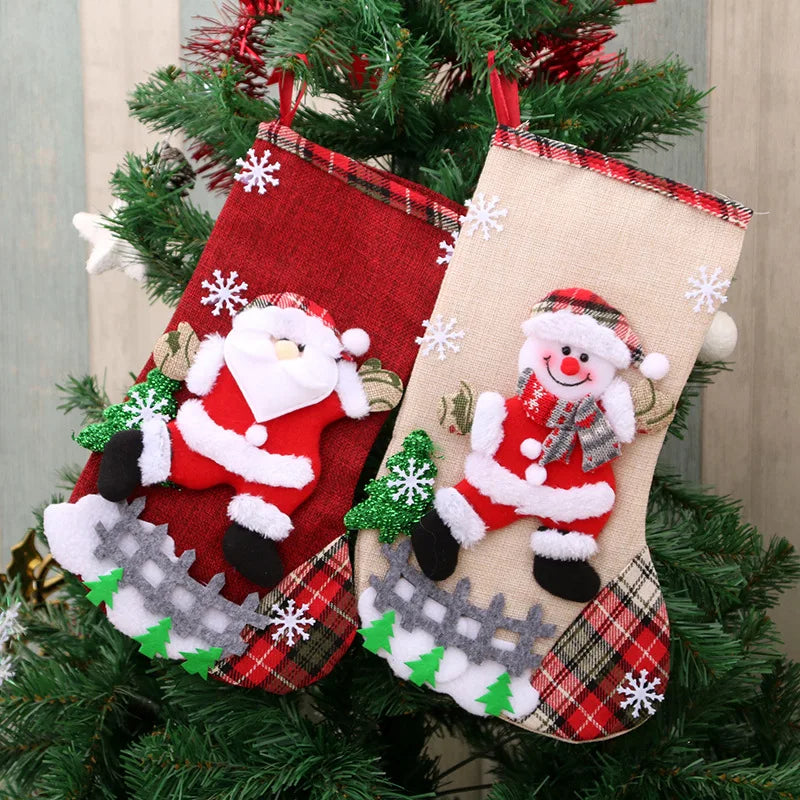 Christmas Stockings Ornaments - Linen Santa, Snowman, Deer, Bear Boots