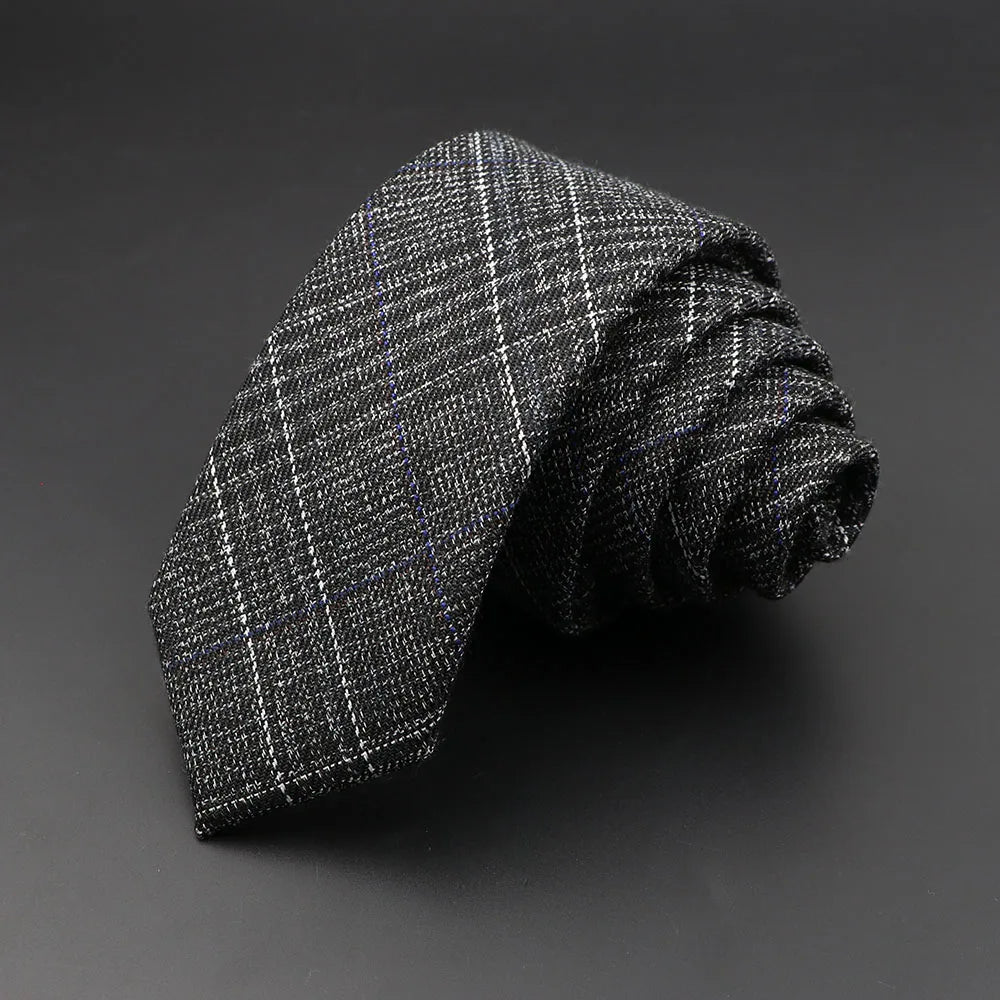 Men's 6cm Classic Cotton Handmade Skinny Grey Plaid Necktie