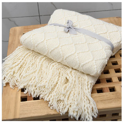 Chunky Knit Blanket – Beige Soft Tassel Plaid