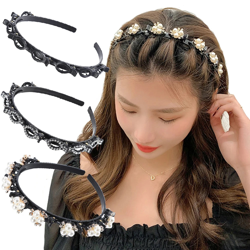 Double Layer Braided Hairbands | Fashion Plastic Headband with Pearl