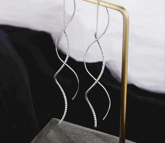 Exquisite Wavy Silver Drop Earrings - Long Tassel