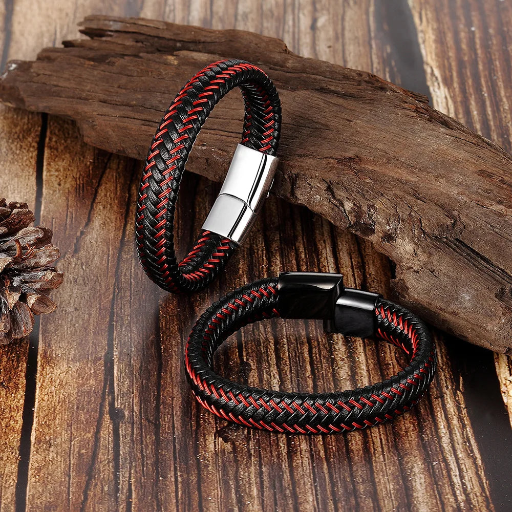 Red Leather Rope Bracelet – Stainless Steel Braided Bracelet for Men