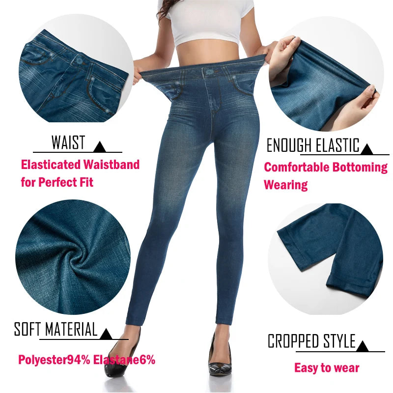 High Waist Faux Denim Leggings for Women | Push Up Seamless Skinny Pants