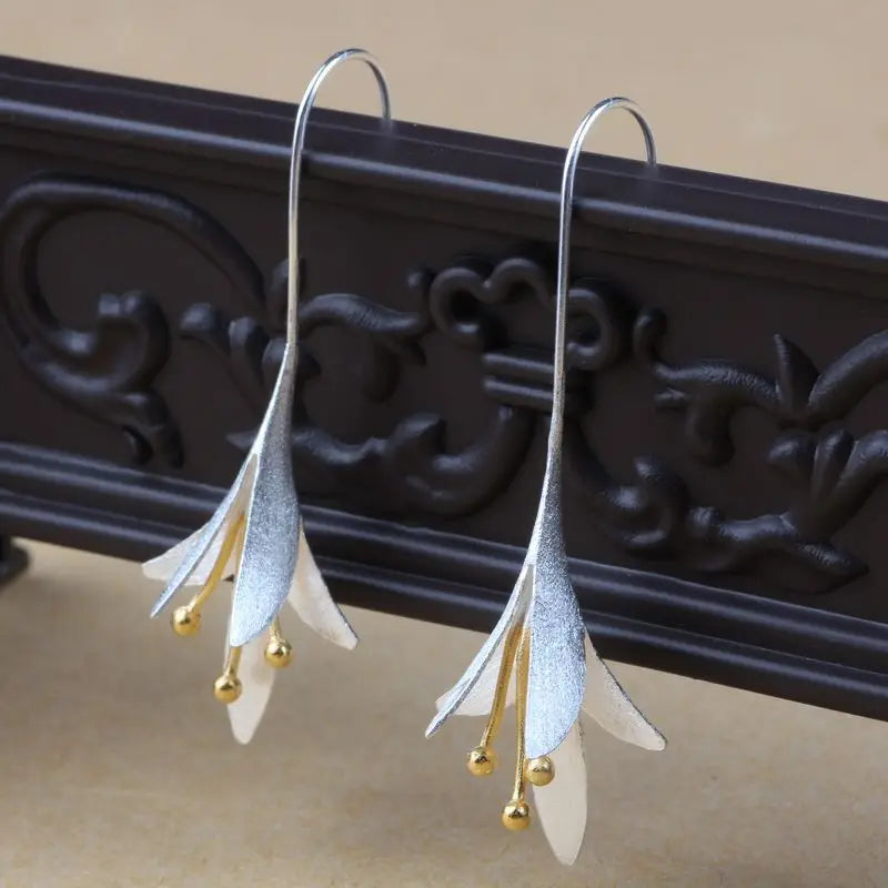 925 Sterling Silver Flower Long Earrings