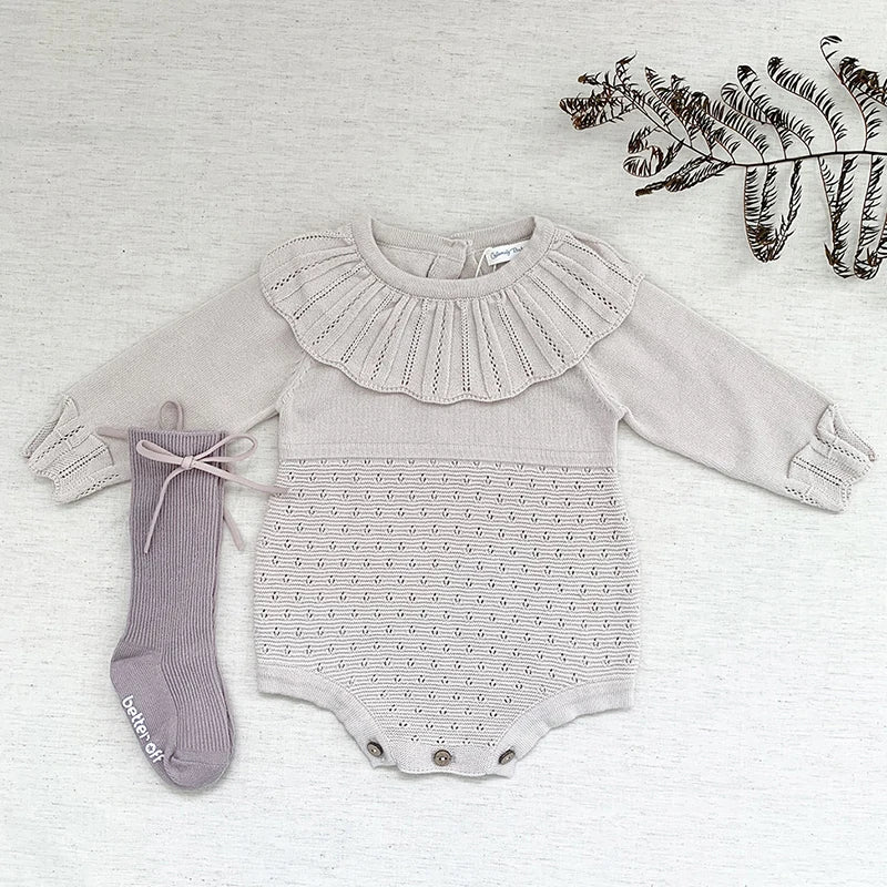 Baby Girls Knitted Romper with Ruffles | Autumn Infant Jumpsuit