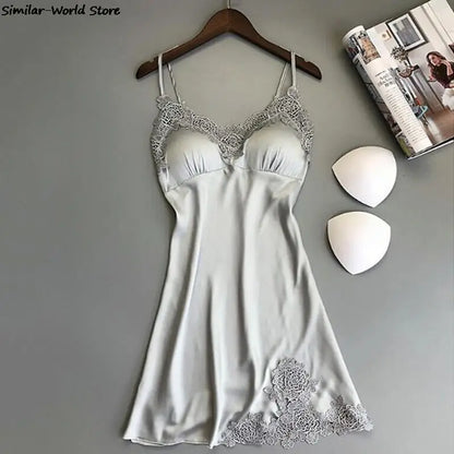 Ladies Silk Satin V-neck Lace Nightgown Set