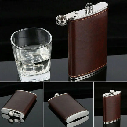 Luxury Brown Leather Pocket Hip Flask - 5-10 oz Stainless Steel Whiskey Flask Gift