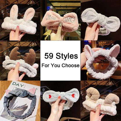 Soft Coral Fleece Hair Holder | Bow & Animal Ears Headband for Women