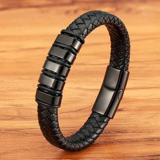 TYO Luxury Braided Rope Black Leather Stainless Steel Men's Bracelet