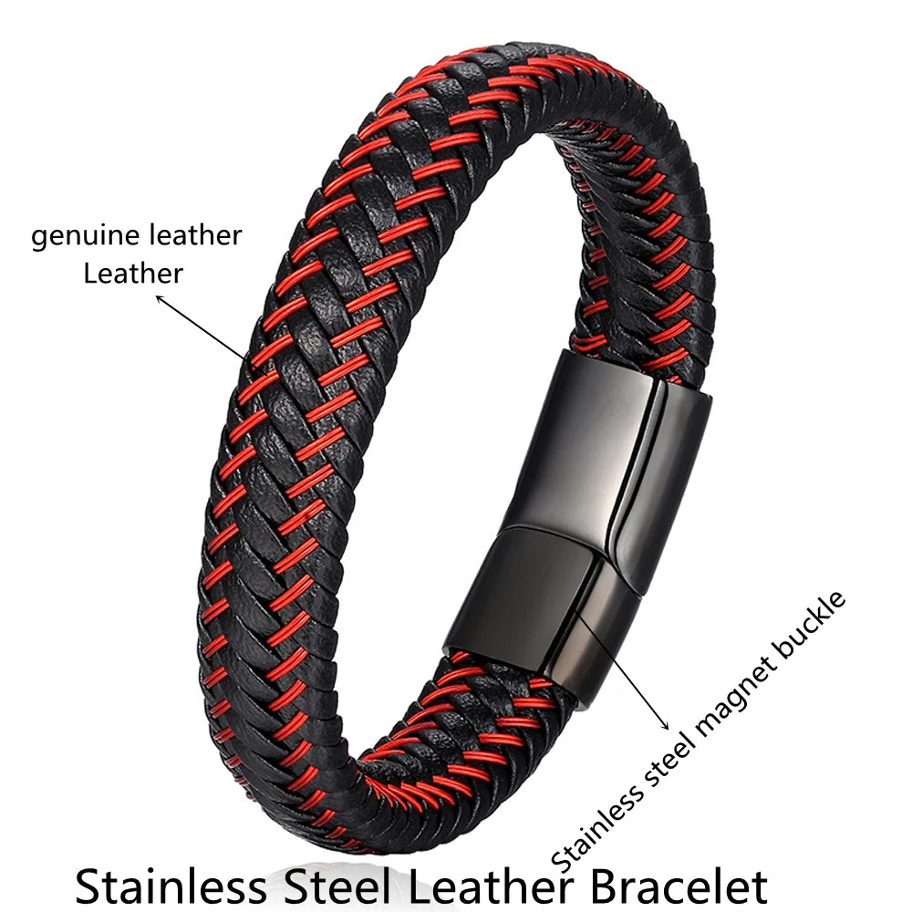 Red Leather Rope Bracelet – Stainless Steel Braided Bracelet for Men