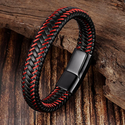 Red Leather Rope Bracelet – Stainless Steel Braided Bracelet for Men