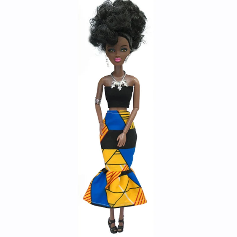 Movable African Black Doll with Clothes – Pretend Play Toy