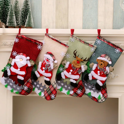 Christmas Stockings Ornaments - Linen Santa, Snowman, Deer, Bear Boots