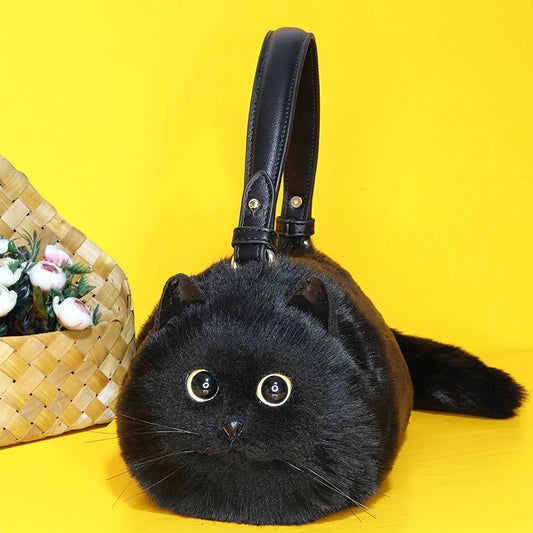 High-Quality Women's Leather Handbag with Cute Black Cat Design