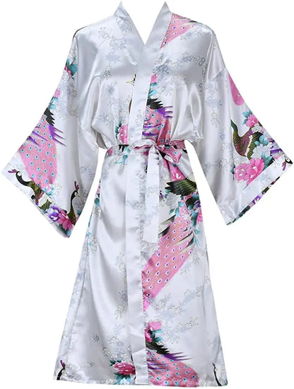 Silk Satin Robe - Floral Short Kimono Bathrobe