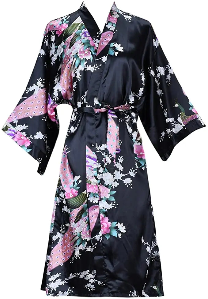 Silk Satin Robe - Floral Short Kimono Bathrobe