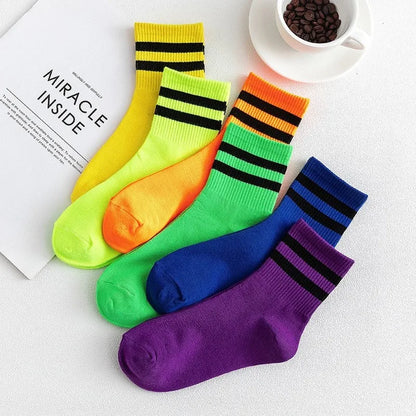 Cool Neon-Colored Striped Crew Socks – Vibrant & Comfortable for All Seasons