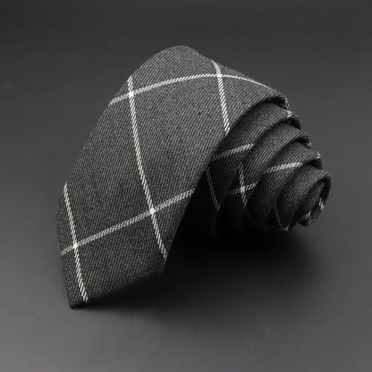 Men's 6cm Classic Cotton Handmade Skinny Grey Plaid Necktie