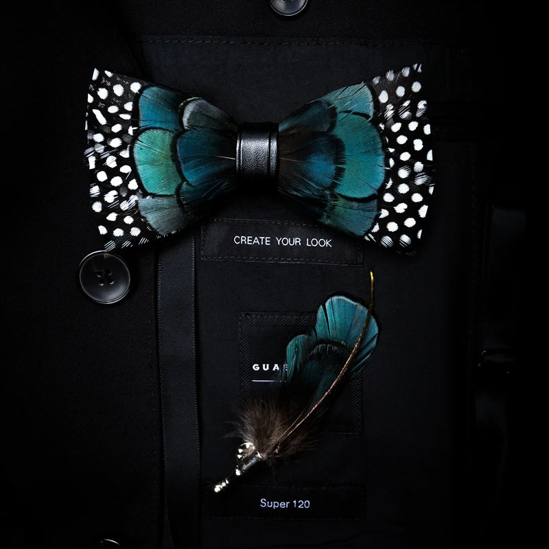 Original Design Natural Bird Feather Bow Tie & Brooch Pin Set